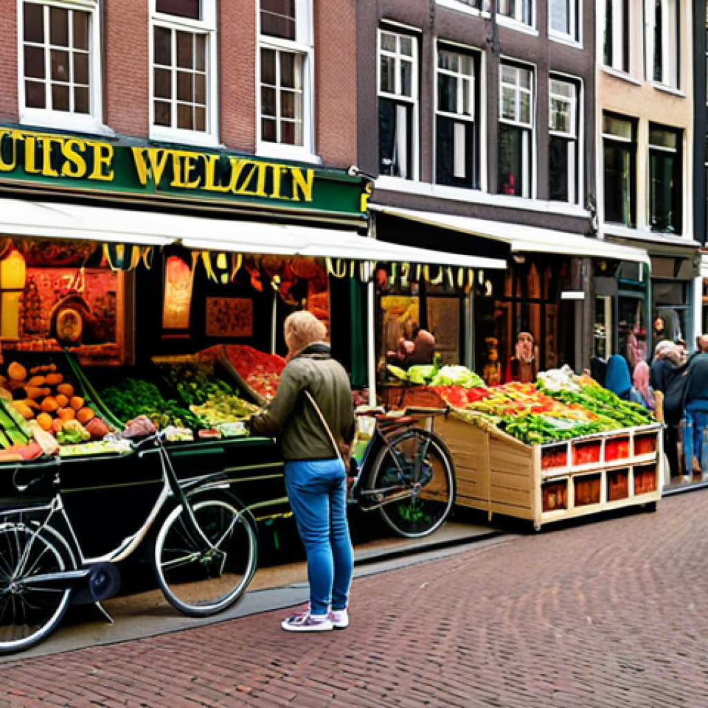 ** A vibrant, bustling Dutch marketplace in Amsterdam, showcasing fresh produce, flowers, and happy people interacting. Focus on the "Subjectief Welzijn" concept, emphasizing the connection between green spaces and happiness. Include canals and traditional Dutch architecture in the background. Aim for a painterly, realistic style.

**