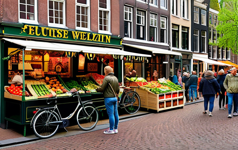 ** A vibrant, bustling Dutch marketplace in Amsterdam, showcasing fresh produce, flowers, and happy people interacting. Focus on the "Subjectief Welzijn" concept, emphasizing the connection between green spaces and happiness. Include canals and traditional Dutch architecture in the background. Aim for a painterly, realistic style.

**